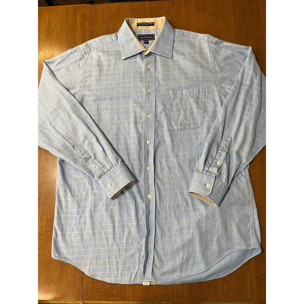 Paul Fredrick LG Mens Dress Shirt 16 1/2 35 Blue Yellow Plaid 100% Cotton Dobby‎